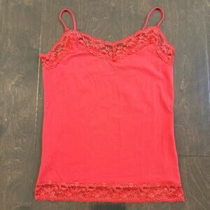 Red Lace Trim Cami Women Small Fairy Dainty Cottage Classic Coquette‎ Y2K